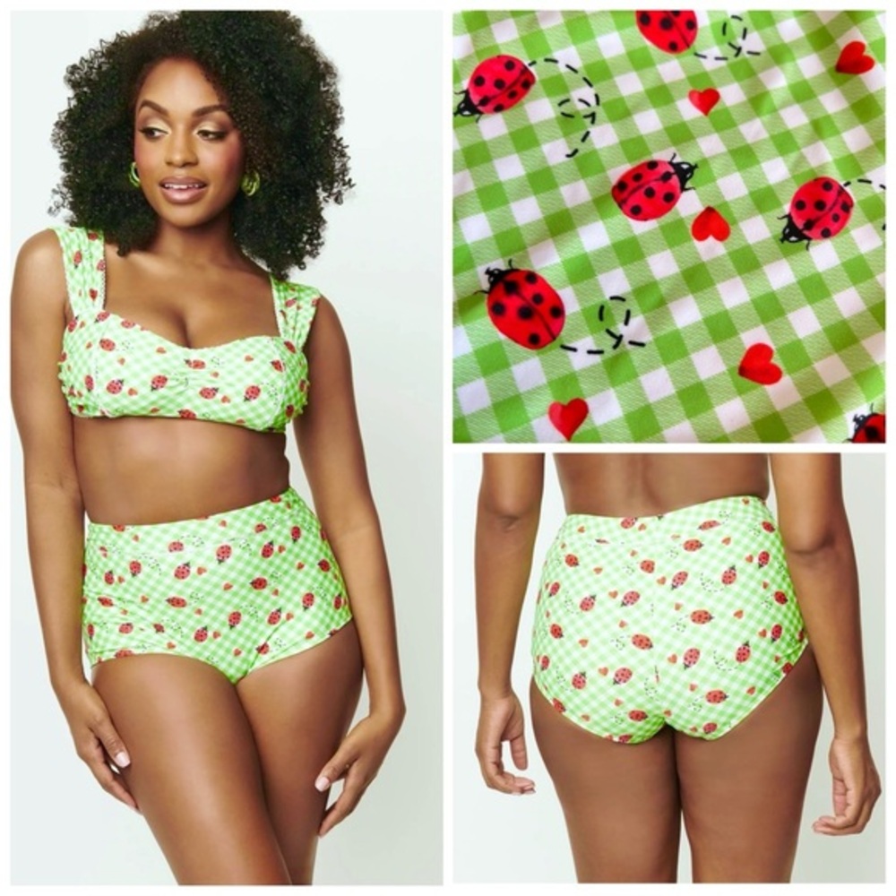 Unique Vintage Swim Ladybug Green Gingham Retro Pinup High Waist Bikini Bottoms
